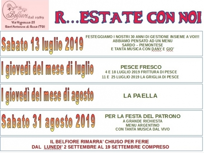 L'Estate 2019 al Belfiore - Antica Locanda Belfiore