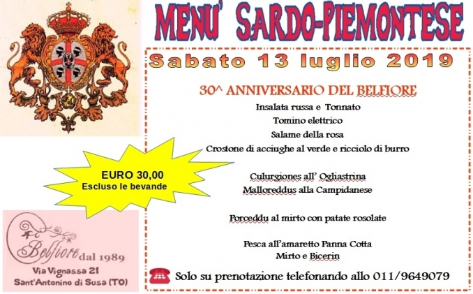 13 luglio 2019 - 30^ anniversario del Belfiore Menù sardo-piemontese - Antica Locanda Belfiore