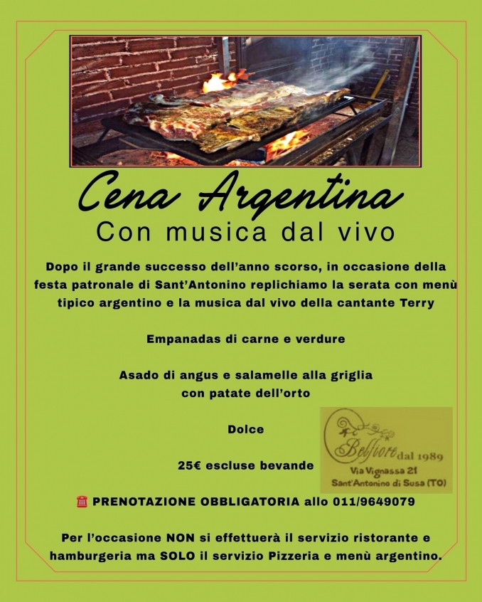 31.08.2019 - Cena Argentina con musica dal vivo - Antica Locanda Belfiore